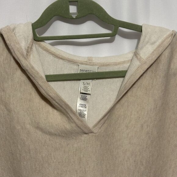 Chicos Womens SM/MD Hooded Cape Poncho Tan Cream Knit Cotton Cashmere Travel - Picture 2 of 6